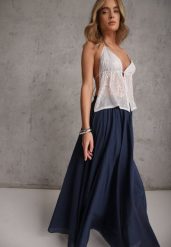 Granatowa Rozkloszowana Spódnica z Bawełny w Stylu Preppy Petrra. Niebieskie spódnice damskie Renee, na co dzień, bez wzorów, z bawełny, maxi. Za 149.99 zł.