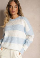Jasnoniebieski Sweter ze Ściągaczami Ozdobiony Pasami z Wełną Tiarosea. Niebieskie swetry klasyczne damskie Renee, z jeansu, bez kołnierzyka. Za 119.99 zł.