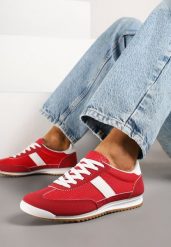 Czerwone Sneakersy Ozdobione Paskiem Cleova. Czerwone obuwie sportowe damskie Renee, z jeansu, bez zapięcia. Za 69.99 zł.