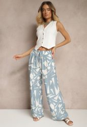 Niebieskie Szerokie Spodnie High Waist z Wiskozy Zdobione Abstrakcyjnym Printem Zileira. Niebieskie spodnie materiałowe damskie Renee, z aplikacjami, z jeansu. Za 54.99 zł.