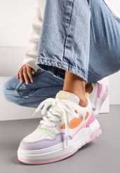 Biało-Fioletowe Sneakersy na Niskiej Platformie z Grubymi Sznurowadłami Vansyla. Białe obuwie sportowe damskie Renee, bez zapięcia. Za 89.99 zł.