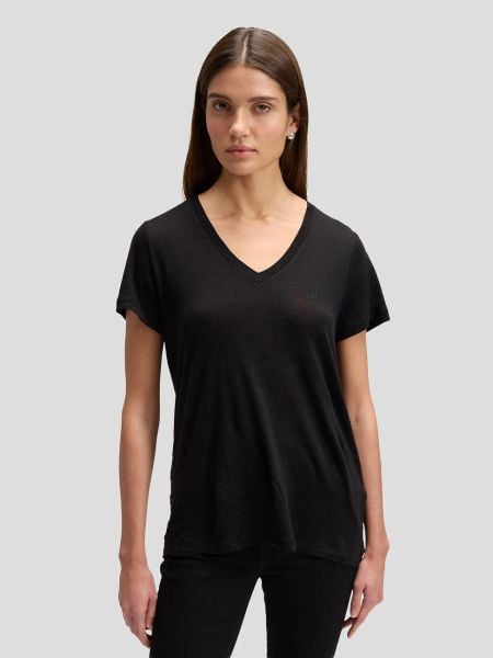 DAMSKA KOSZULKA LEE V NECK TEE BLACK 112378740. Czarne bluzki damskie Lee, m, bez wzorów, bez kołnierzyka, bez ramiączek. Za 69.99 zł.