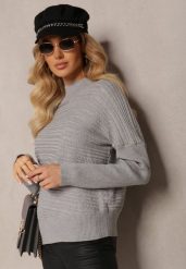 Szary Asymetryczny Sweter z Wełną Ozdobiony Tłoczeniem Aurorrsa. Szare swetry klasyczne damskie Renee, z tkaniny, z asymetrycznym kołnierzem. Za 149.99 zł.