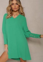 Zielona Pudełkowa Sukienka z Rozkloszowanym Dołem i Bufiastymi Rękawami Kaimana. Zielone sukienki damskie Renee, bez wzorów, eleganckie, bez ramiączek. W wyprzedaży za 63.99 zł.