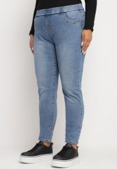 Niebieskie Jeansy Skinny z Gumką w Talii z Wysokim Stanem Neveara. Niebieskie jeansy damskie Born2be, bez wzorów, z jeansu, z podwyższonym stanem. Za 64.99 zł.