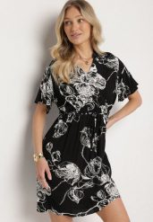 Czarna Sukienka w Kwiaty z Paskiem Cleza. Czarne sukienki damskie Born2be, bez wzorów, eleganckie, bez ramiączek. Za 69.99 zł.
