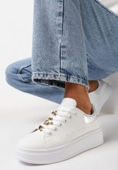 Biało-Srebrne Sneakersy na Grubej Podeszwie z Metaliczną Wstawką Staneva. Białe obuwie sportowe damskie Born2be, bez zapięcia. Za 84.99 zł.