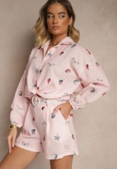 Różowy Komplet z Wiskozą Koszula i Szorty w Morski Print Reisoria. Czerwone koszule damskie Renee, na lato, m, bez wzorów, z materiału, eleganckie, bez kołnierzyka, bez ramiączek. Za 129.99 zł.