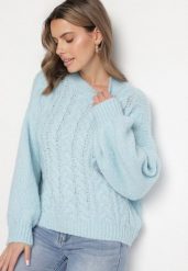 Niebieski Sweter z Wełną Zdobiony Warkoczowym Splotem Lakkaria. Niebieskie swetry klasyczne damskie Born2be, z jeansu, bez kołnierzyka. Za 159.99 zł.