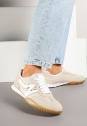 Beżowe Sneakersy Tenisówki z Ozdobną Boczną Naszywką Ranilsa. Brązowe obuwie sportowe damskie Born2be, z jeansu, bez zapięcia, tenisowe. Za 89.99 zł.