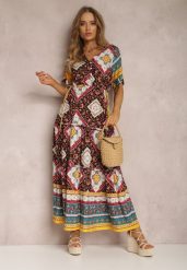 Czarno-Czerwona Sukienka z Wiskozy Olonice. Czarne sukienki damskie Renee, z aplikacjami, z wiskozy, boho, bez ramiączek. W wyprzedaży za 67.99 zł.