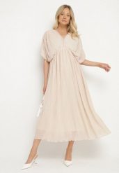 Beżowa Sukienka Rozkloszowana z Wiązaniem na Szyi o Luźnym Kroju Napila. Brązowe sukienki damskie Born2be, bez wzorów, eleganckie, bez ramiączek. Za 169.99 zł.