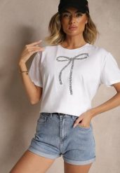 Biały Bawełniany T-shirt z Cekinową Aplikacją w Kształcie Kokardy Tenuria. Białe t-shirty damskie Renee, m, z aplikacjami, z bawełny, bez kołnierzyka. Za 34.99 zł.