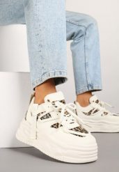 Beżowo-Panterkowe Sneakersy w Streetwearowym Stylu na Tłoczonej Platformie z Brokatem Mailienne. Brązowe obuwie sportowe damskie Renee, bez zapięcia. Za 99.99 zł.
