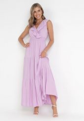 Fioletowa Sukienka Maxi z Marszczoną Gumką w Pasie i Wiązaniem na Plecach Vaida. Fioletowe sukienki damskie Born2be, bez wzorów, bez ramiączek. Za 119.99 zł.