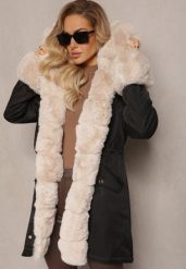 Czarno-Beżowa Kurtka Parka z Paskiem w Talii i Kapturem z Futerkiem Hizontia. Czarne parki damskie Renee, l, z futra. Za 289.99 zł.