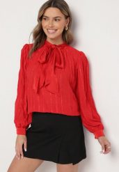 Czerwona Koszulowa Bluzka z Tłoczonej Tkaniny z Wiązaniem przy Dekolcie Sepiane. Czerwone bluzki damskie Born2be, m, z aplikacjami, z tkaniny, biznesowe, bez kołnierzyka, bez ramiączek. Za 59.99 zł.