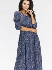 Sukienka Model A666 Navy Pattern - awama. Niebieskie sukienki damskie Awama, bez wzorów, z elastanu, biznesowe, bez ramiączek. Za 343.20 zł.