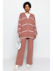 Trendyol 2-częściowy zestaw w kolorze szaroróżowym rozmiar: XL. Różowe kardigany damskie Trendyol, xl, prążkowane, bez kołnierzyka. Za 109.00 zł.