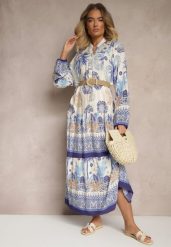 Niebieska Sukienka z Wiskozy Rozkloszowana w Print Boho Aedia. Niebieskie sukienki damskie Renee, z aplikacjami, z wiskozy, boho, bez ramiączek. W wyprzedaży za 67.99 zł.