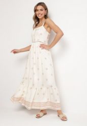 Beżowa Rozkloszowana Sukienka na Ramiączkach z Wiskozą w Etniczny Wzór Lealena. Brązowe sukienki damskie Born2be, z aplikacjami, z wiskozy, eleganckie, bez ramiączek. Za 129.99 zł.