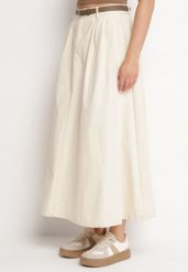 Jasnobeżowa Spódnica o Rozkloszowanym Kroju z Paskiem Vikirana. Brązowe spódnice damskie Born2be, na co dzień, l, bez wzorów, eleganckie, maxi. Za 119.99 zł.