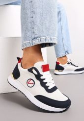 Biało-Granatowe Sneakersy z Haftowaną Naszywką i Metaliczną Wstawką Elnara. Białe obuwie sportowe damskie Renee, z jeansu, bez zapięcia. Za 59.99 zł.