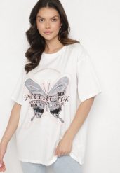 Biały T-shirt Oversize z Bawełny z Nadrukiem z Motylem Nonatira. Białe t-shirty damskie Born2be, l, bez wzorów, z bawełny, bez kołnierzyka. Za 49.99 zł.