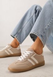 Beżowe Sneakersy w Stylu Kultowych Tenisówek Genenor. Brązowe obuwie sportowe casual damskie Born2be, z dresówki, tenisowe. Za 89.99 zł.