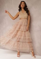Beżowa Sukienka Koktajlowa z Koronkową Górą i Rozkloszowanym Tiulowym Dołem Venisa. Brązowe sukienki damskie Renee, bez wzorów, z koronki, eleganckie, bez ramiączek. W wyprzedaży za 183.99 zł.