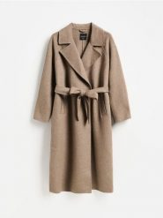 Długi płaszcz z wełną - brązowy. Brązowe płaszcze damskie Reserved, l, bez wzorów, z tkaniny, bez kaptura. Za 399.99 zł.