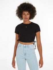 TOMMY JEANS Koszulka w kolorze czarnym rozmiar: L. Czarne bluzki damskie Tommy Jeans, l, bez wzorów, z jeansu, bez kołnierzyka, bez ramiączek. Za 149.31 zł.