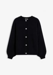 Sweter rozpinany z dekoracyjnymi guzikami. Czarne kardigany damskie bonprix, bez wzorów, z dzianiny. Za 139.99 zł.