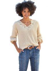 Heine Sweter w kolorze beżowym rozmiar: 42. Brązowe swetry klasyczne damskie Heine, z bawełny, bez kołnierzyka. Za 104.64 zł.