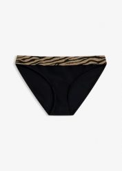 Figi bikini z błyszczącego materiału. Czarne bikini bonprix, bez wzorów. Za 79.99 zł.