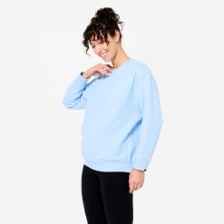 Bluza do jogi damska Kimjaly ciążowa. Niebieskie bluzy damskie DOMYOS, l, bez wzorów, z elastanu, bez kaptura. Za 99.99 zł.