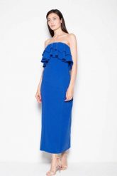 Niebieska Sukienka Długa Elegancka z Falbankami. Niebieskie sukienki damskie Venaton, bez wzorów, z elastanu, eleganckie, bez ramiączek. Za 299.00 zł.