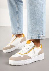 Biało-Beżowe Sneakersy na Niskiej Platformie z Ozdobnym Suwakiem i Perforacją Ulivane. Białe obuwie sportowe damskie Born2be, z jeansu, bez zapięcia. Za 69.99 zł.