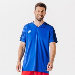 Koszulka do piłki nożnej z krótkim rękawem Kipsta Essential. Niebieskie bluzki damskie KIPSTA, l, bez wzorów, z materiału, sportowe, bez kołnierzyka, bez ramiączek. Za 29.99 zł.