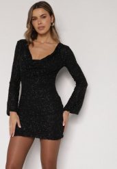 Czarna Fakturowana Sukienka o Dopasowanym Kroju z Dekoltem Woda Silwedina. Czarne sukienki damskie Born2be, bez wzorów, bez ramiączek. Za 179.99 zł.