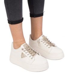 Beżowe sneakersy trampki ze złotymi cyrkoniami beżowy. Brązowe trampki damskie bez wzorów, z materiału, bez zapięcia. Za 84.03 zł.