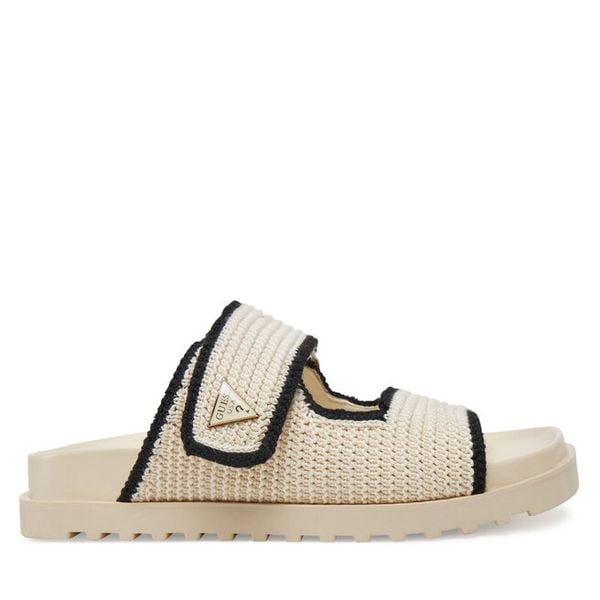 Klapki Guess. Brązowe klapki damskie Guess, z aplikacjami, bez obcasa, bez zapięcia. Za 329.99 zł.