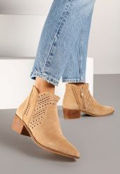 Ciemnobeżowe Ażurowe Botki Vices na Obcasie w Stylu Kowbojek Selrith. Brązowe botki damskie Born2be, z jeansu, bez obcasa, na obcasie, bez zapięcia. Za 129.99 zł.