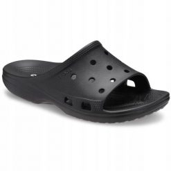 Klapki Dla Dorosłych Crocs Saturday Slide. Czarne klapki damskie Crocs, bez wzorów, z materiału, bez obcasa, bez zapięcia. Za 139.99 zł.