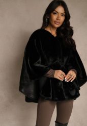 Czarne Futerkowe Ponczo Ozdobione Paskiem Monareva. Czarne swetry klasyczne damskie Renee, z jeansu, bez kołnierzyka. Za 269.99 zł.