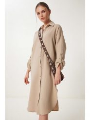 Happiness Istanbul Sukienka koszulowa w kolorze beżowym rozmiar: 38. Brązowe sukienki damskie Happiness Istanbul, bez wzorów, z bawełny, bez ramiączek. Za 113.63 zł.