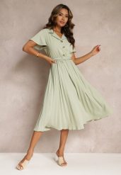 Zielona Retro Sukienka Midi z Plisowaniem i Paskiem na Klamrę Elinerise. Zielone sukienki damskie Renee, bez wzorów, retro, bez ramiączek. Za 129.99 zł.