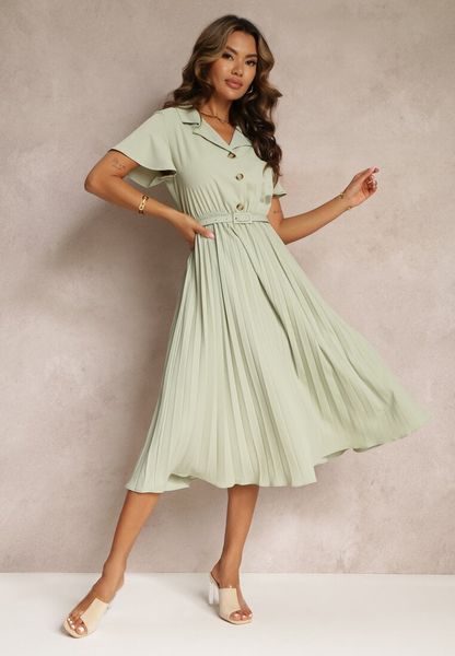 Zielona Retro Sukienka Midi z Plisowaniem i Paskiem na Klamrę Elinerise. Zielone sukienki damskie Renee, bez wzorów, retro, bez ramiączek. Za 129.99 zł.