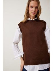 Happiness Istanbul Bezrękawnik w kolorze brązowym rozmiar: onesize. Brązowe swetry klasyczne damskie Happiness Istanbul, ze splotem, bez kołnierzyka. Za 78.47 zł.