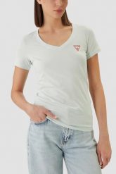 GUESS Miętowy damski t-shirt na krótki rękaw V-Neck Mini Triangle, Rozmiar M. Niebieskie t-shirty damskie Guess, m, z aplikacjami, bez kołnierzyka. W wyprzedaży za 89.99 zł.